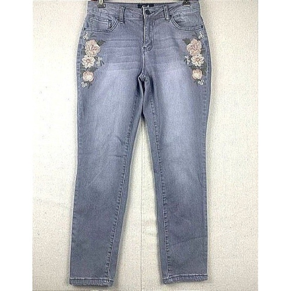 Earl Jean Embroidered Floral Design Skinny Ankle Women's Size 8 Gray Stretch